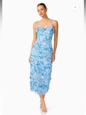 elliatt roseate blue 3d floral lace strapless midi cocktail dress size XS NEW